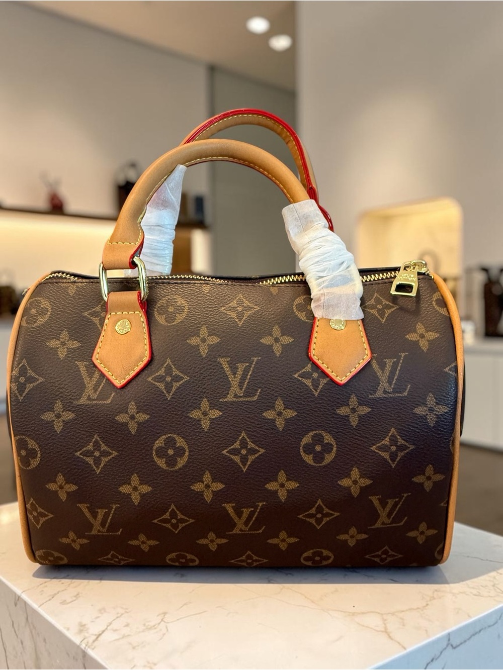 NWOT Source Unknown Brown Monogram Satchel with Tan Handles and Red Trim
